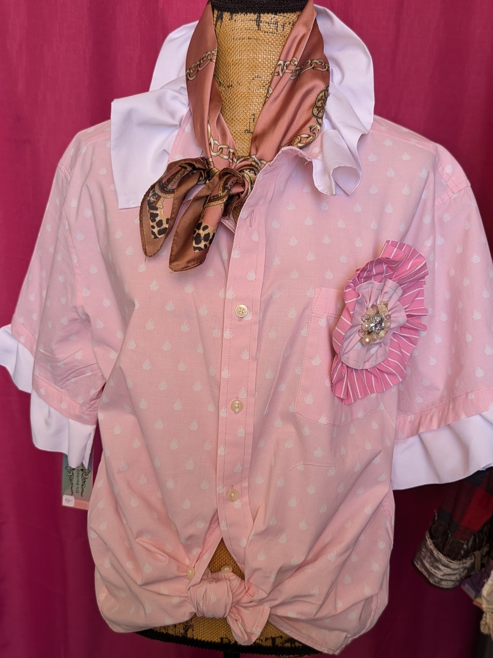 Pink Button-Up Shirt with Decorative Rosette
